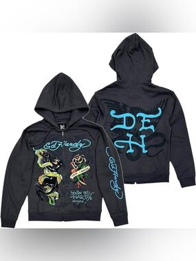 Ed Hardy Charcoal Snake Panther Tattoo Zip Graphic Hoodie | Size XL
